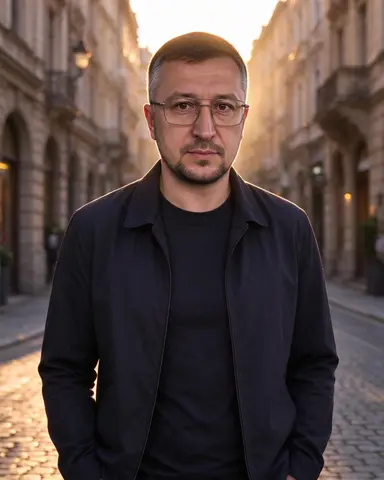Чоловік в окулярах на вулиці старого міста ввечері
