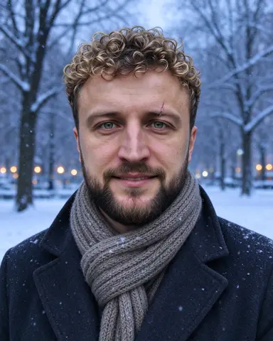 Чоловік із бородою взимку в шарфі під снігом